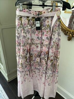 NWT AQUA BLU ANNETTE Butterfly Floral Cotton & Silk Pleated Maxi Skirt